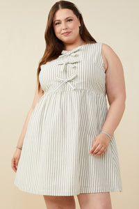 HY9174W Oatmeal Plus Bow Tie Detailed Striped Seer Sucker Dress Front