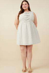 HY9174 Oatmeal Womens Bow Tie Detailed Striped Seer Sucker Dress Back