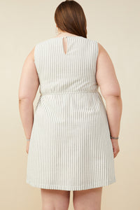 HY9174W Oatmeal Plus Bow Tie Detailed Striped Seer Sucker Dress Full Body