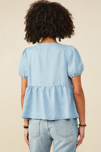 HY9175 Light Denim Womens Puff Sleeve Tie Detail Tencel Peplum Cardigan Side