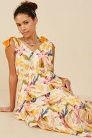 HY9176W Yellow Plus Textured Tiered Floral V Neck Dress Front