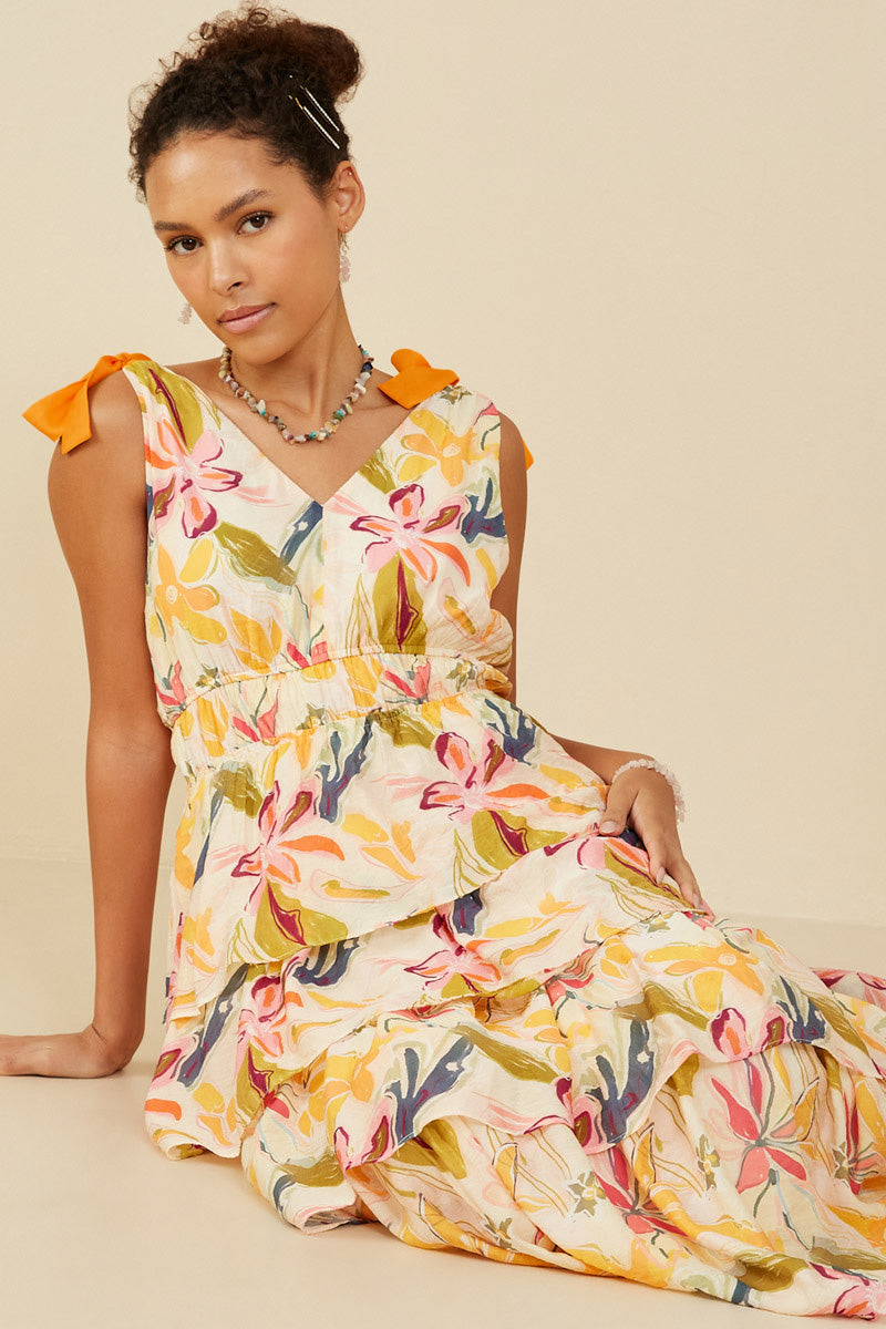 Textured Tiered Floral V Neck Dress