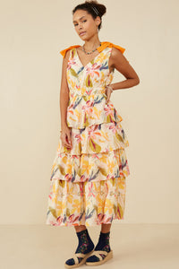 HY9176 Yellow Womens Textured Tiered Floral V Neck Dress Gif