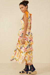 HY9176 Yellow Womens Textured Tiered Floral V Neck Dress Side