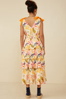 HY9176 Yellow Womens Textured Tiered Floral V Neck Dress Back