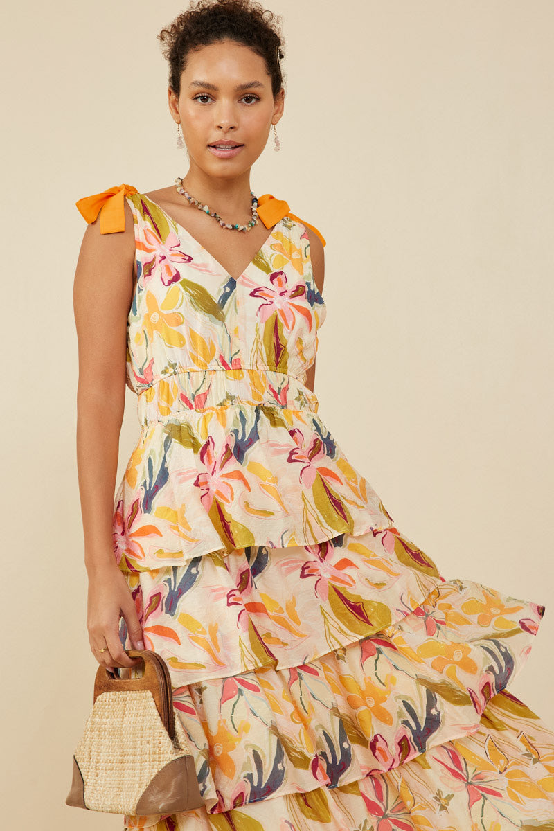 HY9176 Yellow Womens Textured Tiered Floral V Neck Dress Front