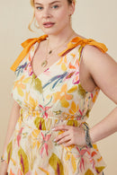 HY9176 Yellow Womens Textured Tiered Floral V Neck Dress Full Body