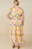 HY9176W Yellow Plus Textured Tiered Floral V Neck Dress Gif