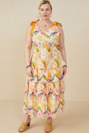 HY9176W Yellow Plus Textured Tiered Floral V Neck Dress Detail