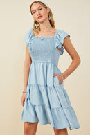 HY9180W Light Denim Plus Smocked Detail Ruffled Sleeveless Tencel Dress Front
