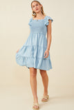HY9180 Light Denim Womens Smocked Detail Ruffled Sleeveless Tencel Dress Gif