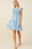 HY9180 Light Denim Womens Smocked Detail Ruffled Sleeveless Tencel Dress Gif