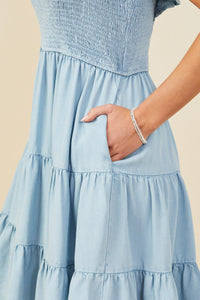 HY9180 Light Denim Womens Smocked Detail Ruffled Sleeveless Tencel Dress Full Body