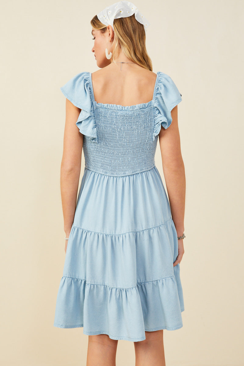 HY9180 Light Denim Womens Smocked Detail Ruffled Sleeveless Tencel Dress Detail