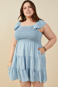 HY9180 Light Denim Womens Smocked Detail Ruffled Sleeveless Tencel Dress Front