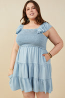 HY9180 Light Denim Womens Smocked Detail Ruffled Sleeveless Tencel Dress Front