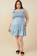 HY9180 Light Denim Womens Smocked Detail Ruffled Sleeveless Tencel Dress Back