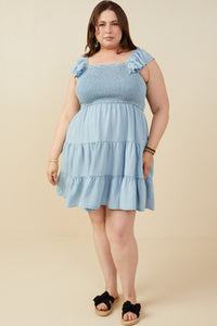 HY9180 Light Denim Womens Smocked Detail Ruffled Sleeveless Tencel Dress Back