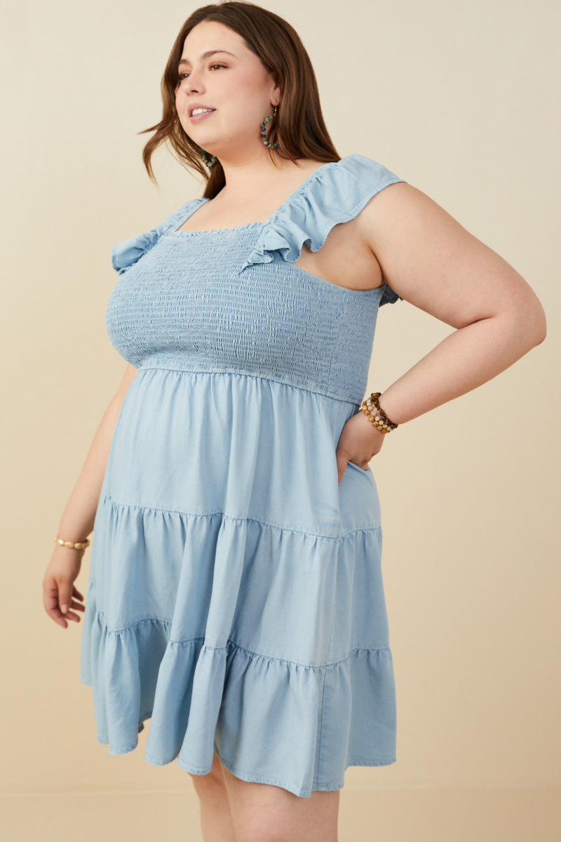 HY9180W Light Denim Plus Smocked Detail Ruffled Sleeveless Tencel Dress Gif