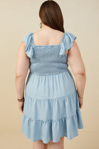 HY9180W Light Denim Plus Smocked Detail Ruffled Sleeveless Tencel Dress Full Body