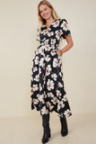 HY9192W Black Plus Romantic Floral Smocked Waist Slit Detail Dress Pose
