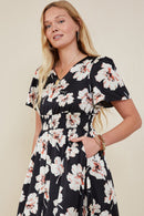 HY9192 Black Womens Romantic Floral Smocked Waist Slit Detail Dress Gif