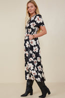 HY9192 Black Womens Romantic Floral Smocked Waist Slit Detail Dress Front