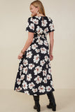 HY9192 Black Womens Romantic Floral Smocked Waist Slit Detail Dress Side