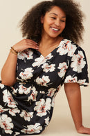 HY9192 Black Womens Romantic Floral Smocked Waist Slit Detail Dress Full Body