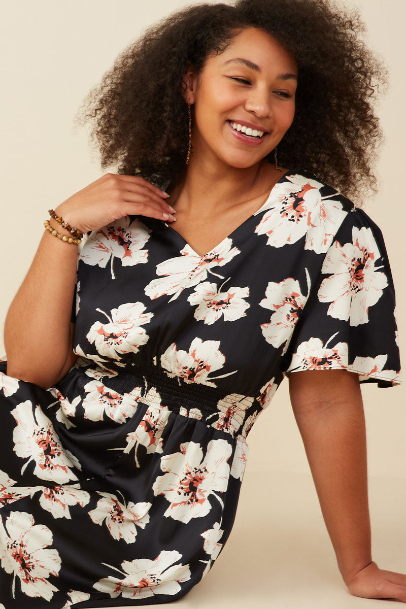 Romantic Floral Smocked Waist Slit Detail Dress