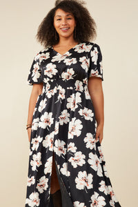 HY9192 Black Womens Romantic Floral Smocked Waist Slit Detail Dress Back