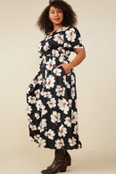 HY9192W Black Plus Romantic Floral Smocked Waist Slit Detail Dress Gif