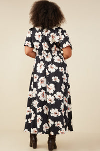 HY9192W Black Plus Romantic Floral Smocked Waist Slit Detail Dress Gif