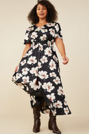HY9192W Black Plus Romantic Floral Smocked Waist Slit Detail Dress Front