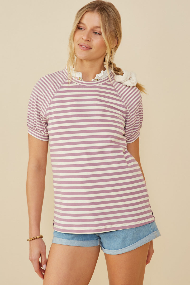 Mixed Stripe Raglan Puff Sleeve Knit T Shirt