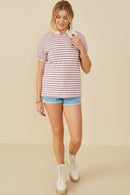 HY9217 Lavender Womens Mixed Stripe Raglan Puff Sleeve Knit T Shirt Gif