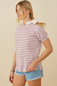 HY9217 Lavender Womens Mixed Stripe Raglan Puff Sleeve Knit T Shirt Full Body