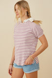 HY9217 Lavender Womens Mixed Stripe Raglan Puff Sleeve Knit T Shirt Full Body