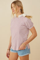 HY9217 Lavender Womens Mixed Stripe Raglan Puff Sleeve Knit T Shirt Full Body