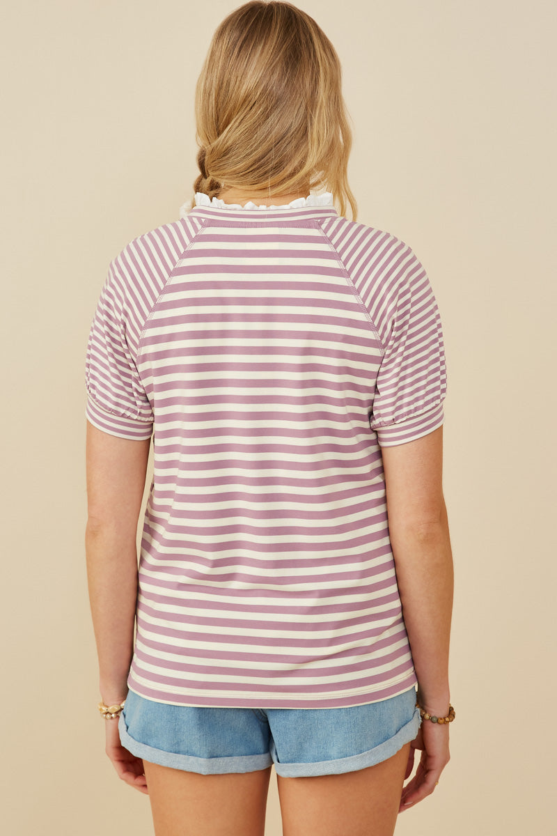 HY9217 Lavender Womens Mixed Stripe Raglan Puff Sleeve Knit T Shirt Side