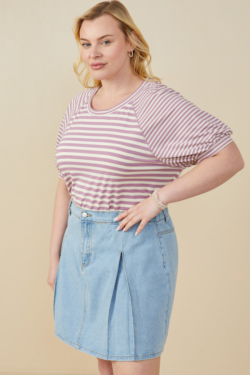 HY9217W Lavender Plus Mixed Stripe Raglan Puff Sleeve Knit T Shirt Gif