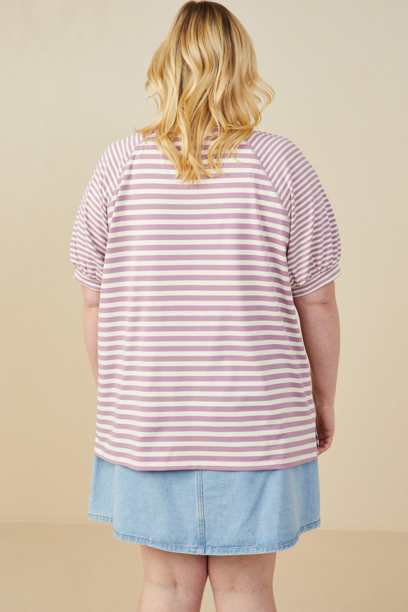HY9217W Lavender Plus Mixed Stripe Raglan Puff Sleeve Knit T Shirt Full Body
