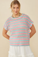 HY9221W Pink Mix Plus Open Knit Multi Stripe Boxy Dolman Top Front