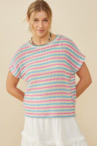 HY9221W Pink Mix Plus Open Knit Multi Stripe Boxy Dolman Top Front