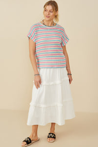 HY9221 Pink Mix Womens Open Knit Multi Stripe Boxy Dolman Top Gif