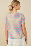 HY9221 Pink Mix Womens Open Knit Multi Stripe Boxy Dolman Top Side