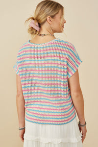 HY9221 Pink Mix Womens Open Knit Multi Stripe Boxy Dolman Top Side