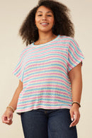 HY9221 Pink Mix Womens Open Knit Multi Stripe Boxy Dolman Top Front