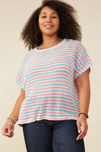 HY9221 Pink Mix Womens Open Knit Multi Stripe Boxy Dolman Top Front
