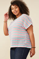 HY9221W Pink Mix Plus Open Knit Multi Stripe Boxy Dolman Top Gif